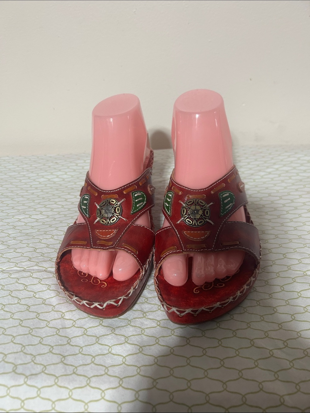 Spring Step Red Leather Decorative Strap Sandals